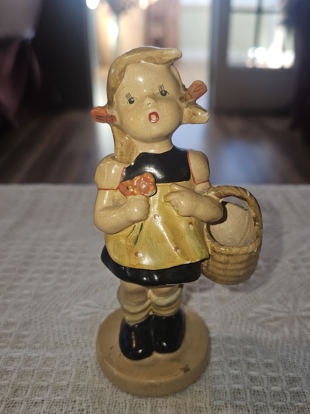 Vintage Ceramic Girl Figurine in Yellow and Black